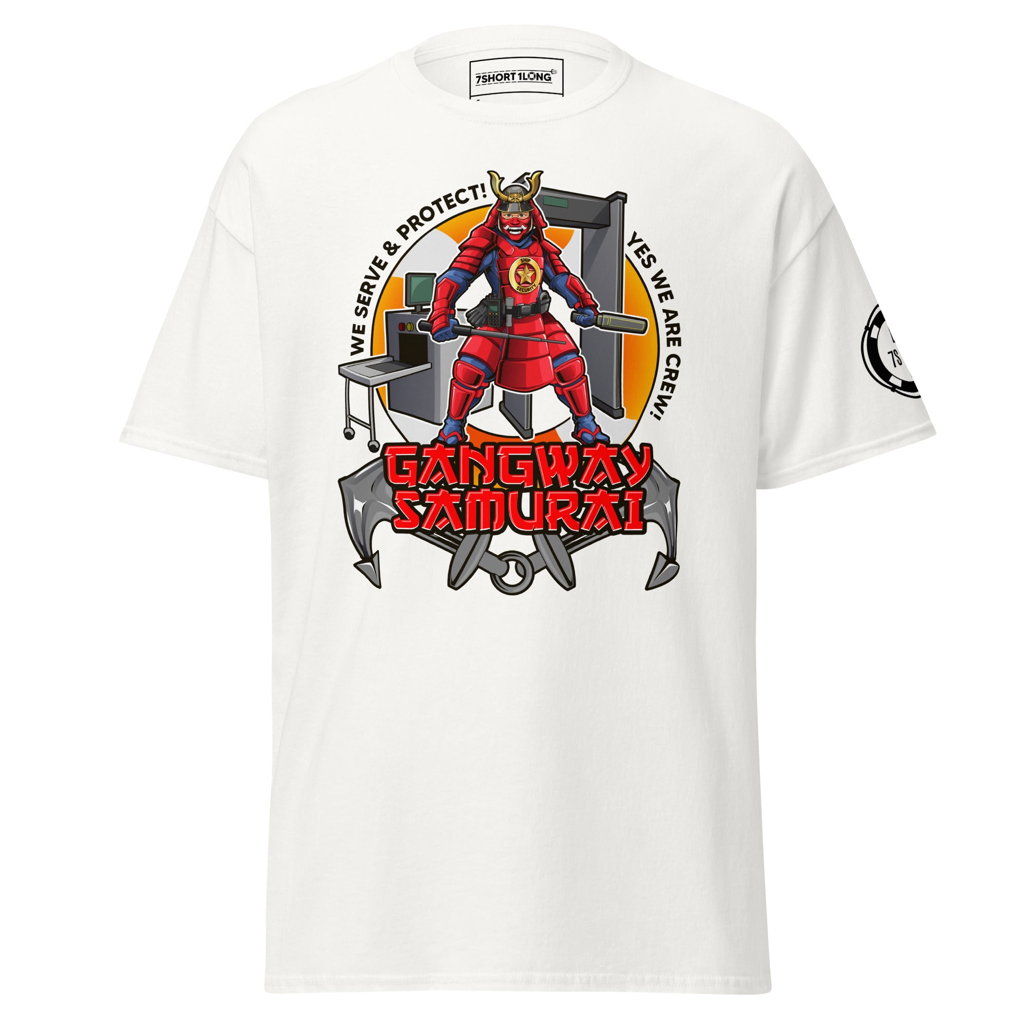 Maritime T-shirt with ShipSecurity design, representing security roleson onboard a ship including SSO, deputy security officer, security, and guards.
