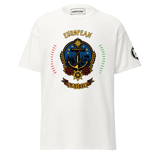 Maritime design featuring an anchor and compass with European symbolism and the text “European Sailor,” representing professional seafarer identity and crew pride. Hover Image
