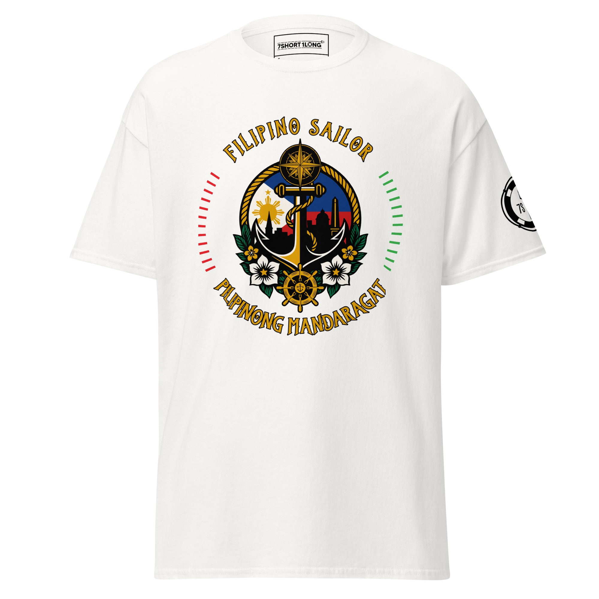 Maritime design showing anchor, compass, waves, and Filipino symbols with the text “Filipino Sailor – Tropang Mandaragat,” representing pride and crew brotherhood at sea. Main image