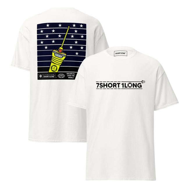 Maritime T-shirt with EPIRB emergency beacon design, inspired by satellite distress signaling and global maritime rescue systems at sea. Hover Image
