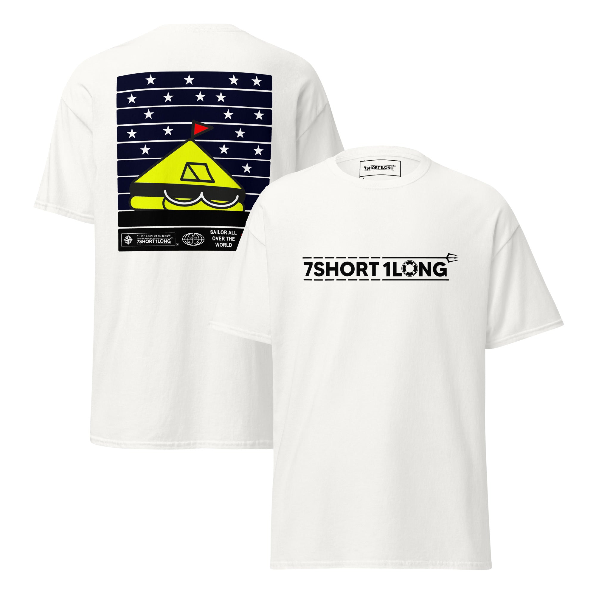 Maritime T-shirt with Life Raft at Sea design, inspired by SOLAS Convention liferaft systems and emergency survival procedures at sea. Main image