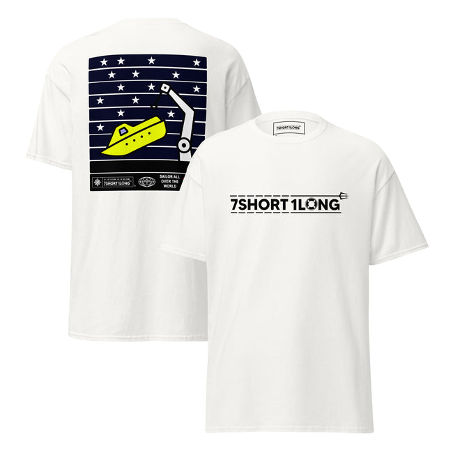 Maritime T-shirt with Free Fall Boat at Sea design, inspired by SOLAS Convention regulations and free fall lifeboat emergency evacuation systems. Hover Image