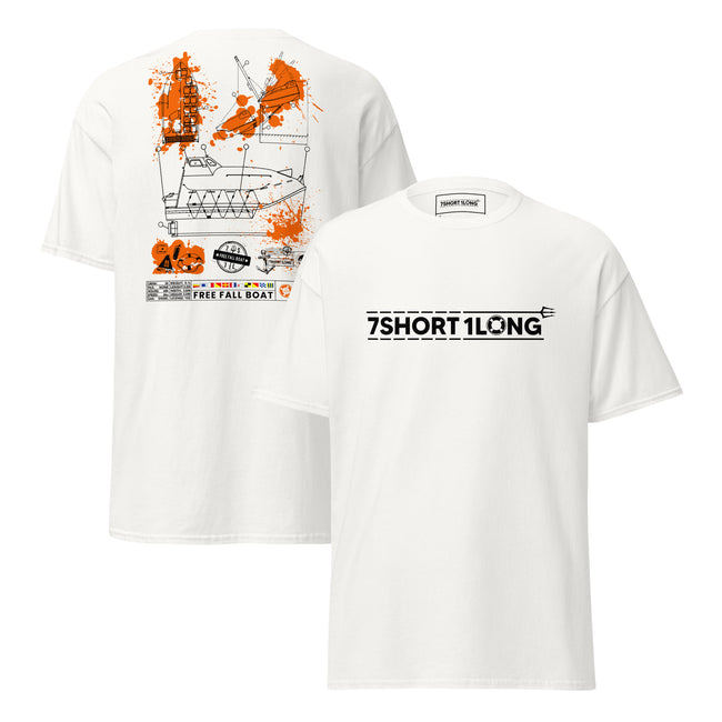 Maritime T-shirt with Free-Fall Boat design inspired by SOLAS-regulated free-fall lifeboats used on tankers, bulk carriers, and container ships. Hover Image