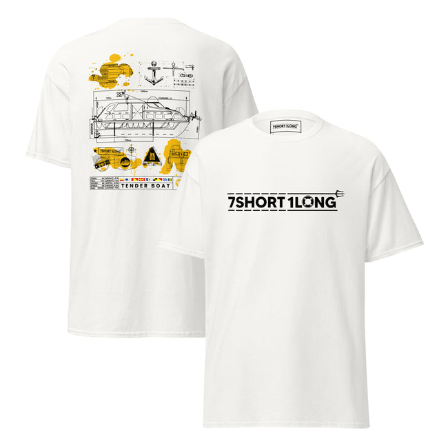 Maritime T-shirt with Tender Boat at Sea design, representing dual-use tender boats for ship-to-shore operations and emergency rescue on cruise ships. Hover Image