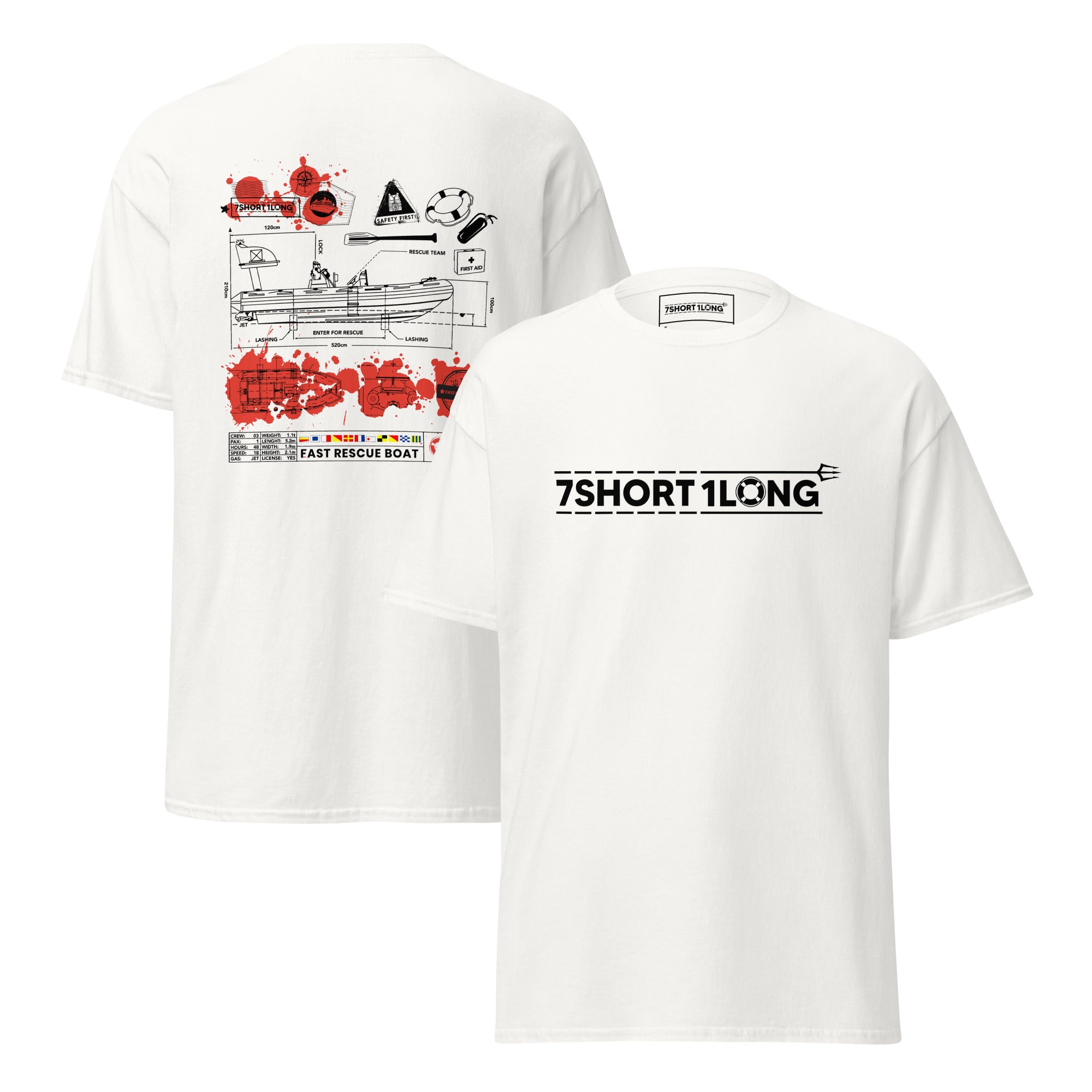 Maritime T-shirt with Fast Rescue Boat design inspired by high-speed rescue craft, STCW training, and SOLAS-compliant emergency operations at sea.