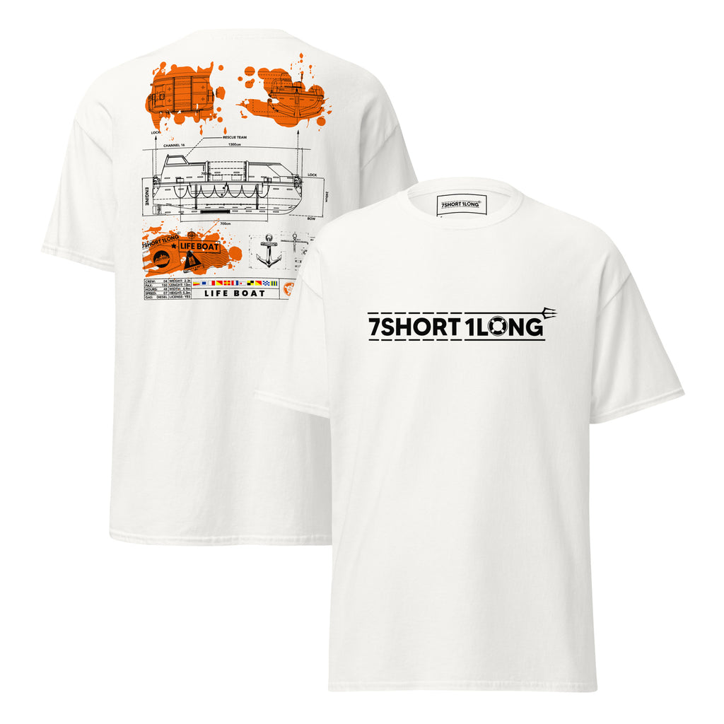 Maritime T-shirt with Lifeboat design inspired by SOLAS regulations and ship emergency evacuation procedures at sea.