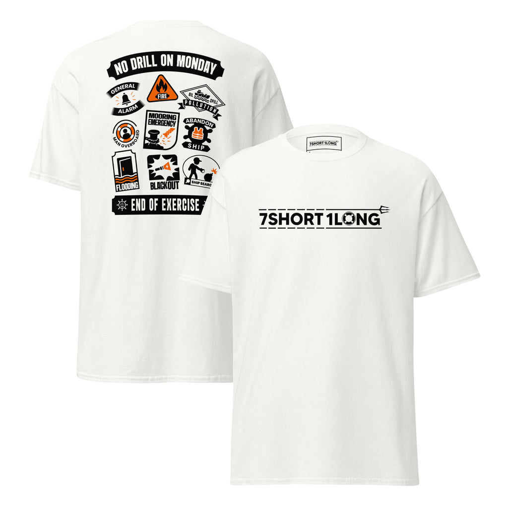 Maritime T-shirt with Ship Safety Drills design, featuring icons for fire, abandon ship, man overboard, blackout, and emergency response drills under SOLAS regulations.
