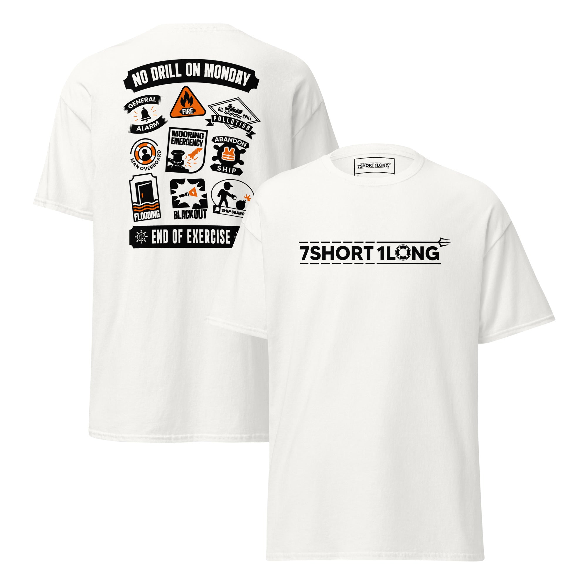 Maritime T-shirt with Ship Safety Drills design, featuring icons for fire, abandon ship, man overboard, blackout, and emergency response drills under SOLAS regulations.