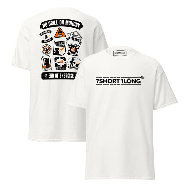 Maritime T-shirt with Ship Safety Drills design, featuring icons for fire, abandon ship, man overboard, blackout, and emergency response drills under SOLAS regulations. Hover Image