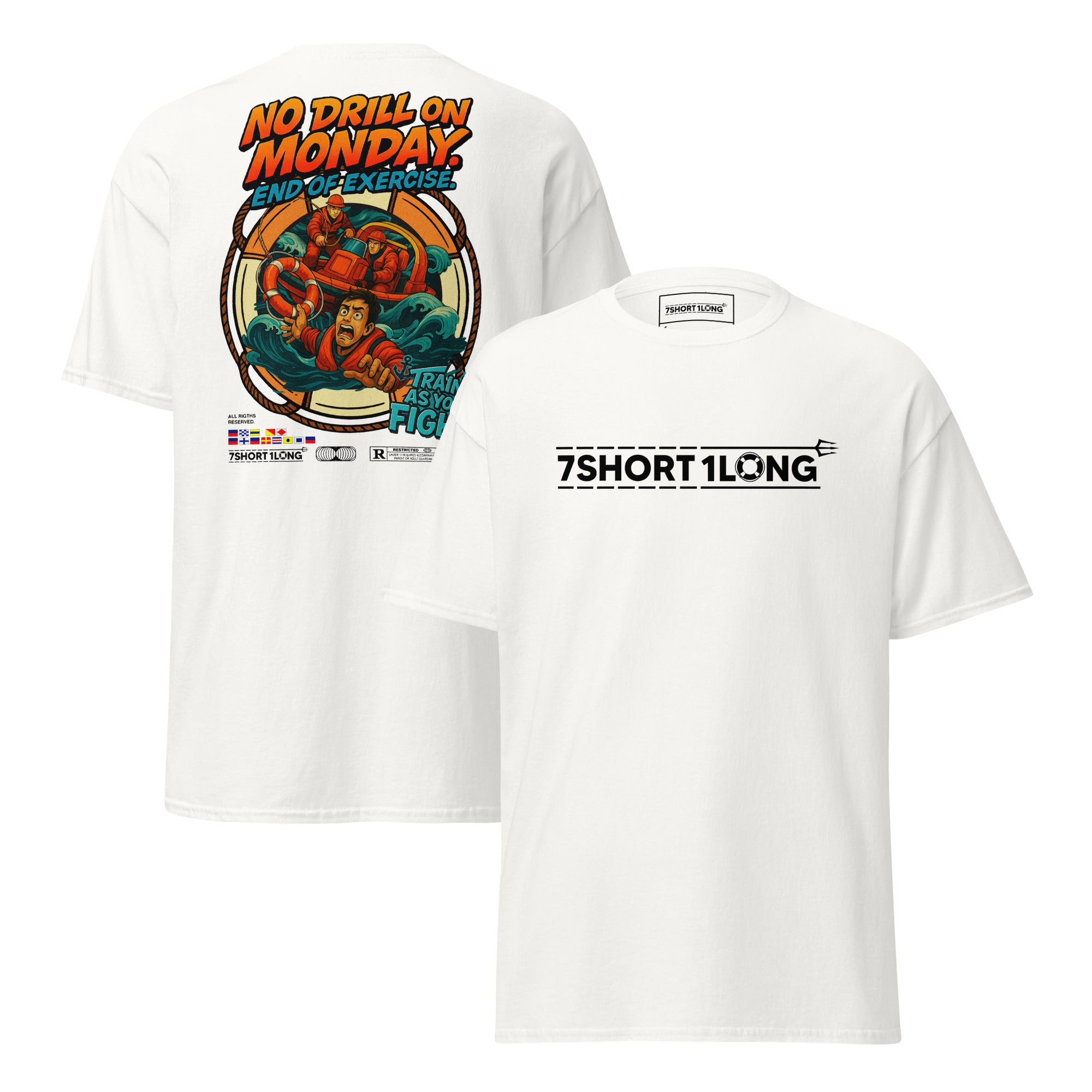 Maritime T-shirt with “Man Overboard Drill” design, inspired by SOLAS emergency procedures and crew rescue training at sea. Main image