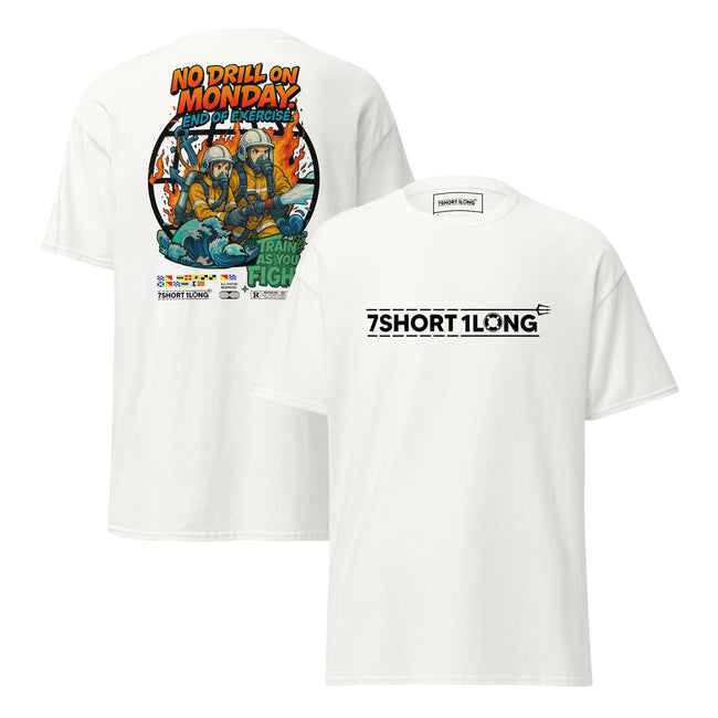 Maritime T-shirt with “Fire Drill” design, inspired by SOLAS fire fighting drills, onboard emergency response, and crew firefighting procedures. Hover Image