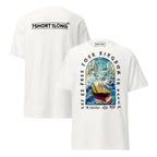 T-shirt design showing the Greek sea god Poseidon judging a bulk carrier ship at sea, inspired by maritime mythology and ancient ocean legends.