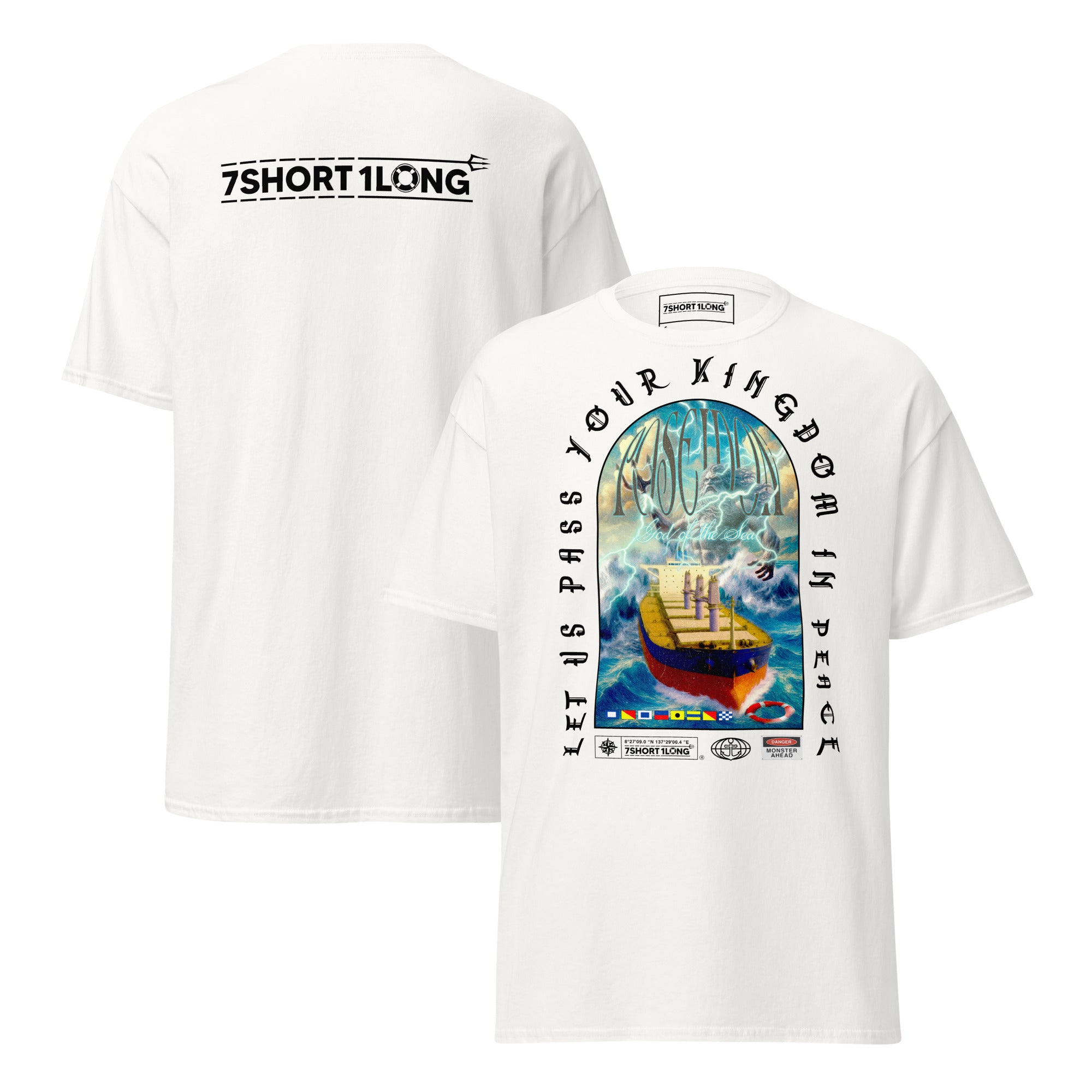 T-shirt design showing the Greek sea god Poseidon judging a bulk carrier ship at sea, inspired by maritime mythology and ancient ocean legends.