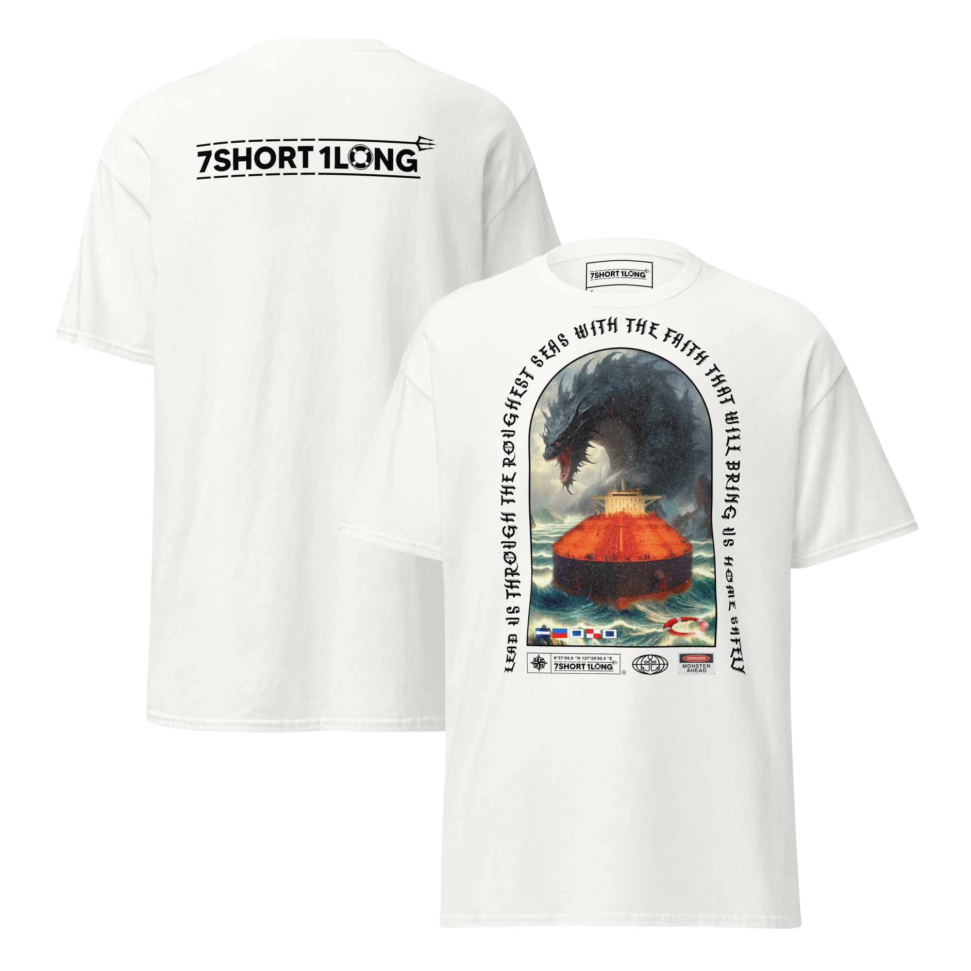 T-shirt design showing a mythical sea monster attacking a tanker ship, inspired by maritime legends, ocean myths, and seafaring folklore. Main image