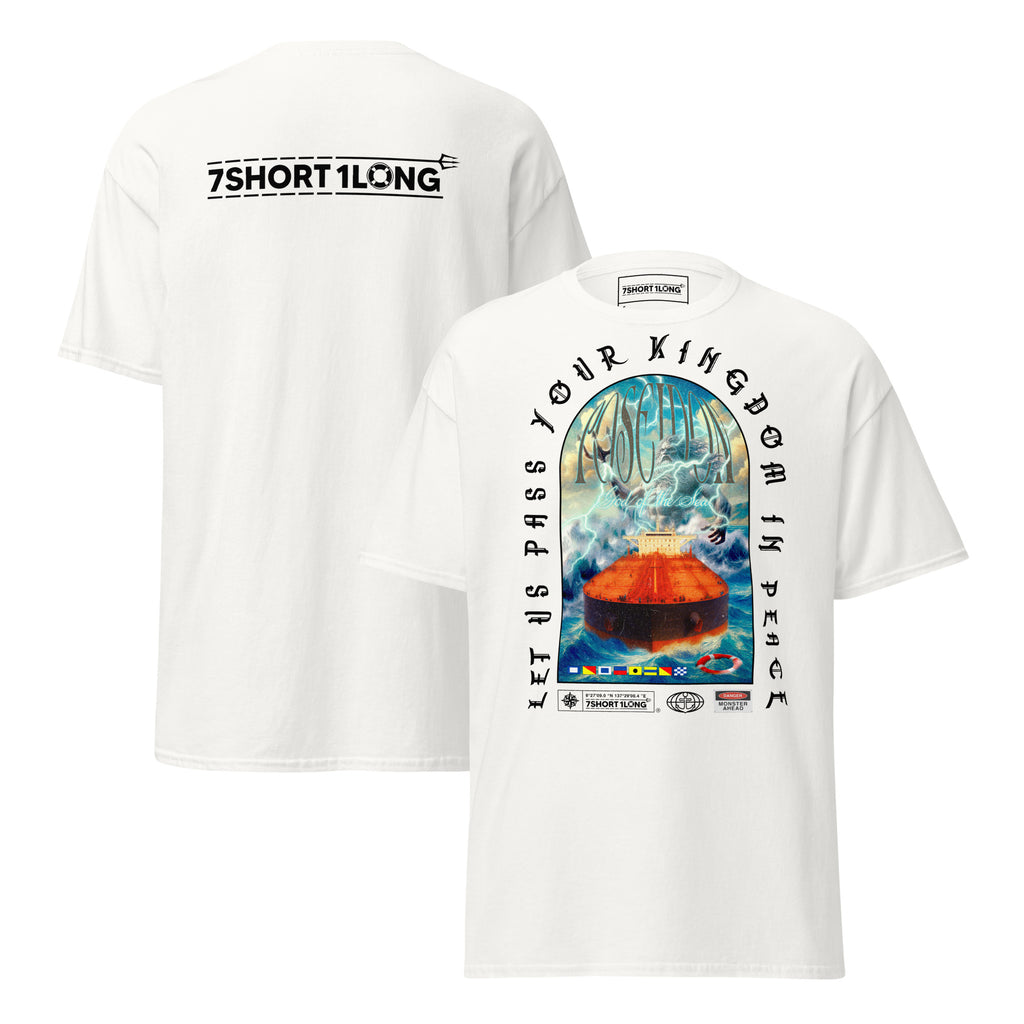 T-shirt design showing the Greek sea god Poseidon judging a tanker ship at sea, inspired by maritime mythology and ancient ocean legends.