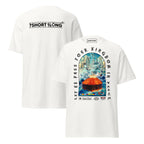 T-shirt design showing the Greek sea god Poseidon judging a tanker ship at sea, inspired by maritime mythology and ancient ocean legends.