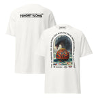 T-shirt design showing a mythical sea monster attacking a container ship, inspired by maritime legends, ocean myths, and classic seafaring folklore.