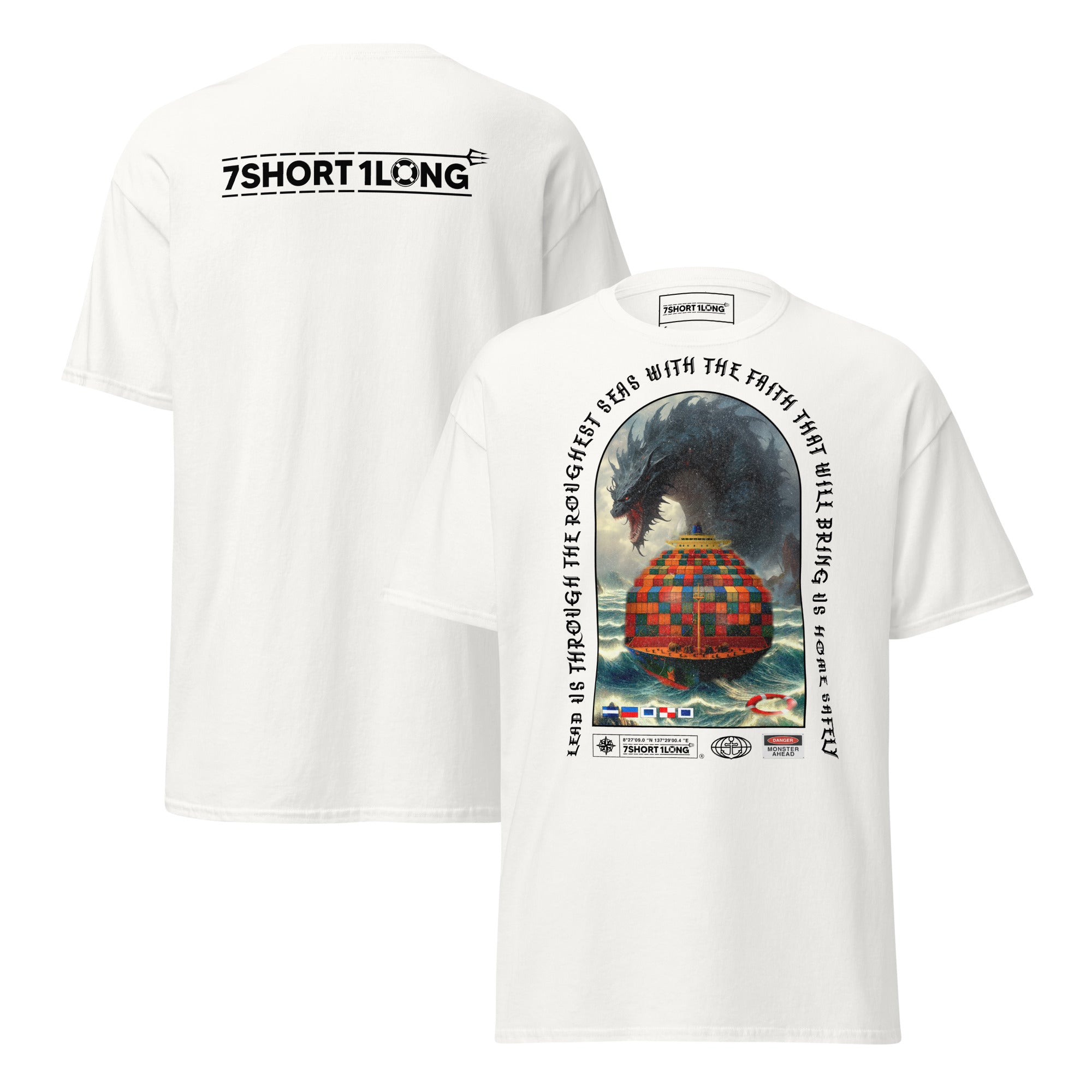 T-shirt design showing a mythical sea monster attacking a container ship, inspired by maritime legends, ocean myths, and classic seafaring folklore.