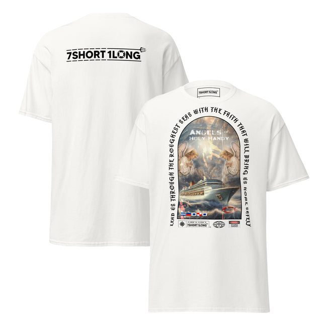 Crew T-shirt with “Angel Watch” design inspired by Christian seafaring tradition, showing protection, guidance, and faith during life at sea on cruise ships. Hover Image