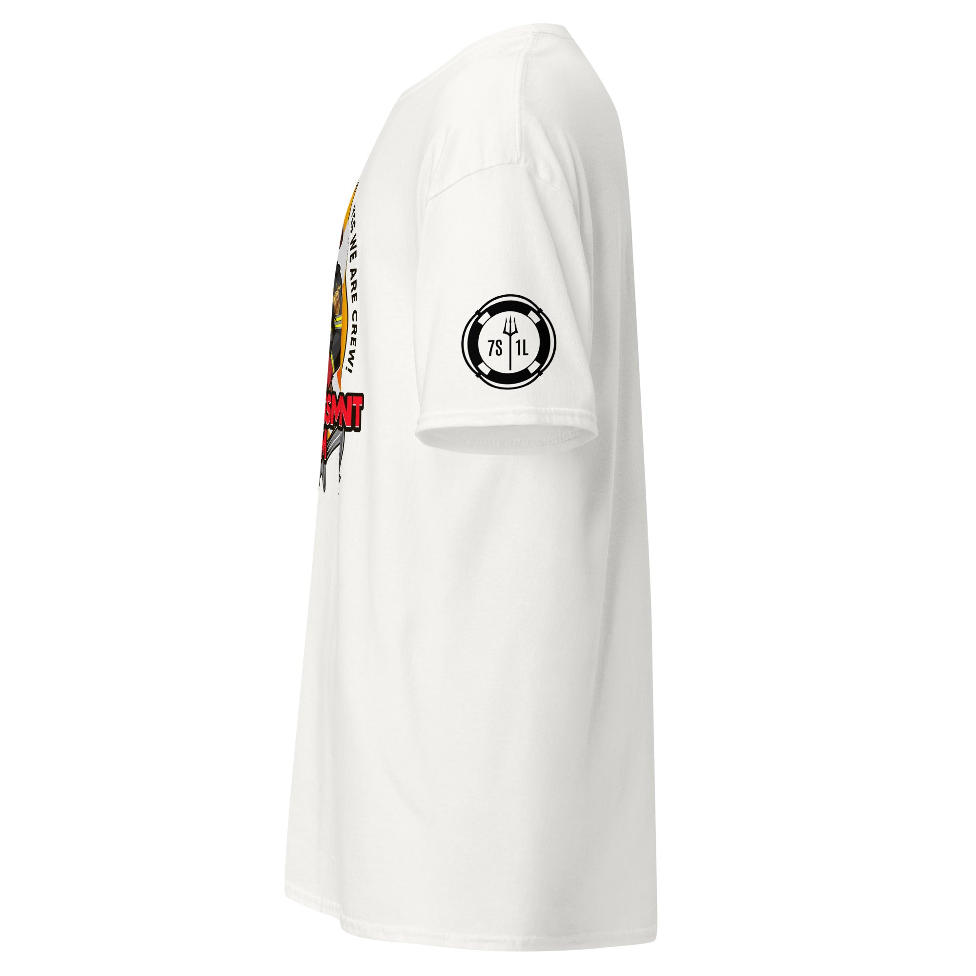 Maritime T-shirt with Fire Assessment Team design, representing onboard emergency response and ship fire brigade entering fire zones during emergencies.